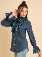 Navy Frill Denim Shirt